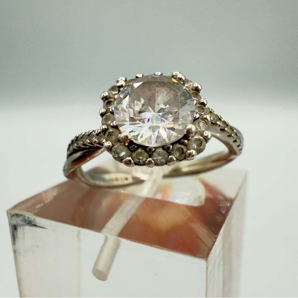 Faux Engagement Glamour Ring Marked 925 with CZ Stones - Size 8